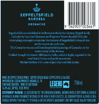 TABC label artwork for Seppeltsfield Barossa Grenache