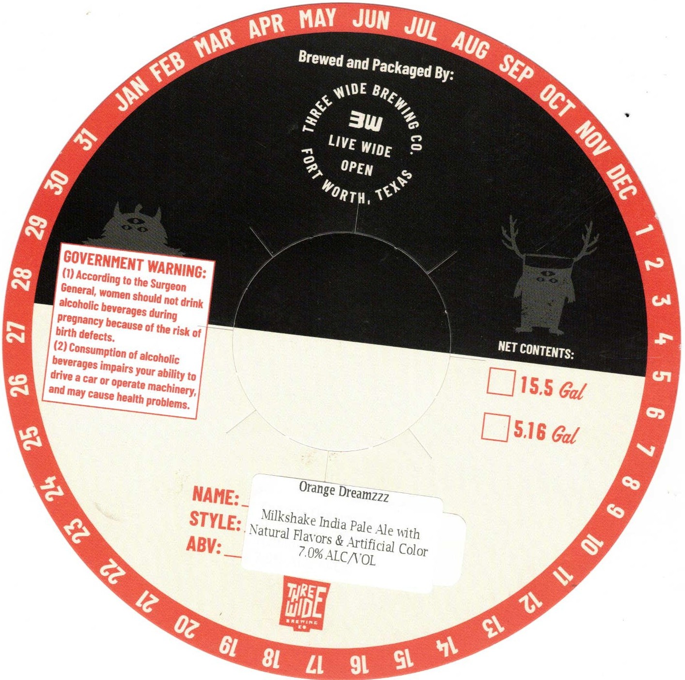 TABC label artwork for THREE WIDE BREWING CO. ORANGE DREAMZZZ KEG