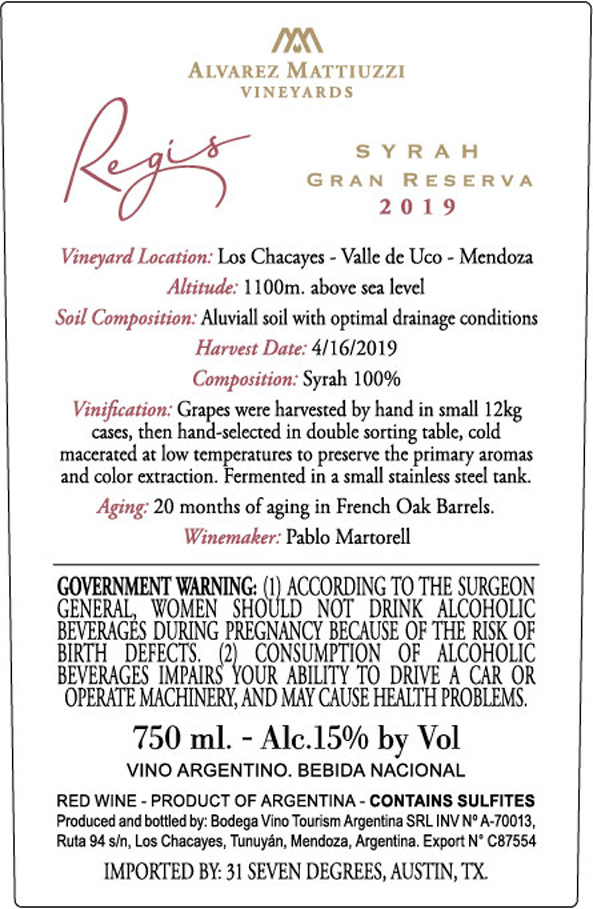 TABC label artwork for REGIS SYRAH