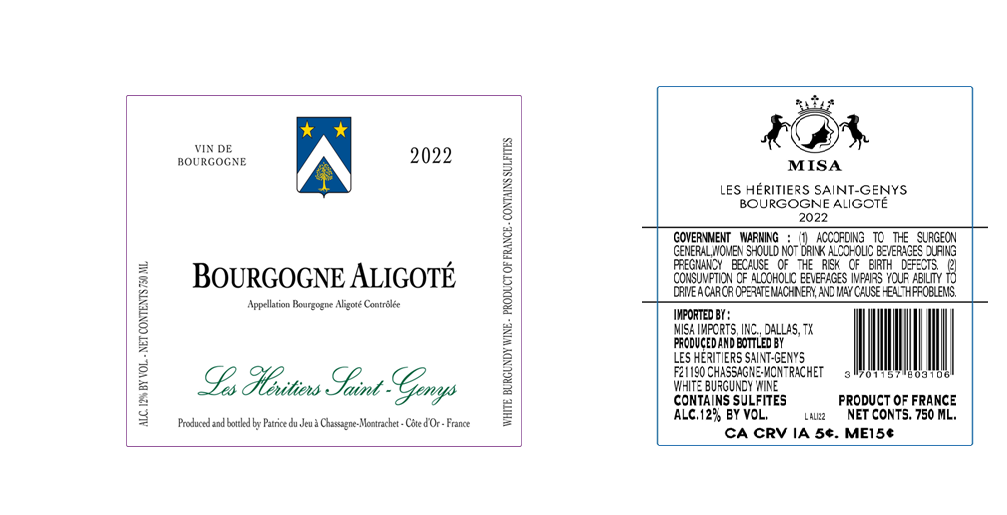 TABC label artwork for LES HERITIERS SAINT-GENYS BOURGOGNE ALIGOTE