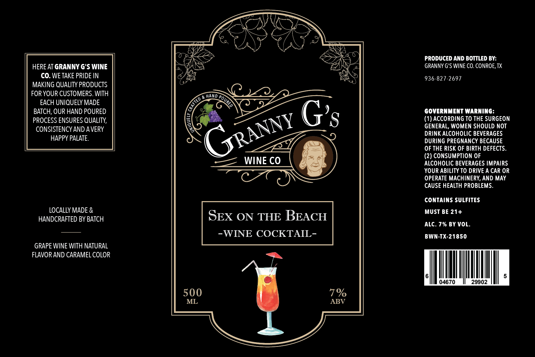 TABC label artwork for Granny G's Wine Co. Sex on The Beach