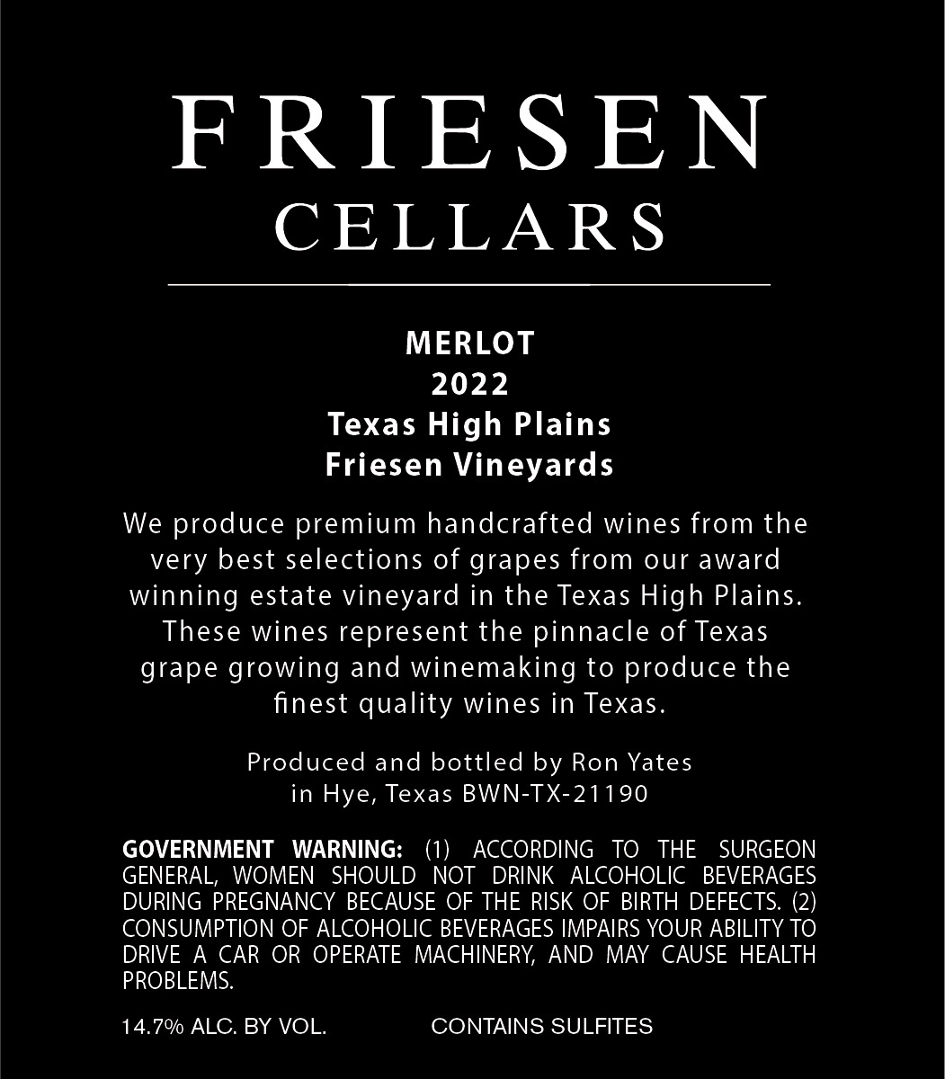 TABC label artwork for Friesen Cellars Merlot