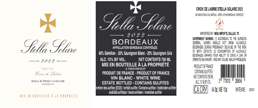 TABC label artwork for STELLA SOLARE CROIX DE LABRIE