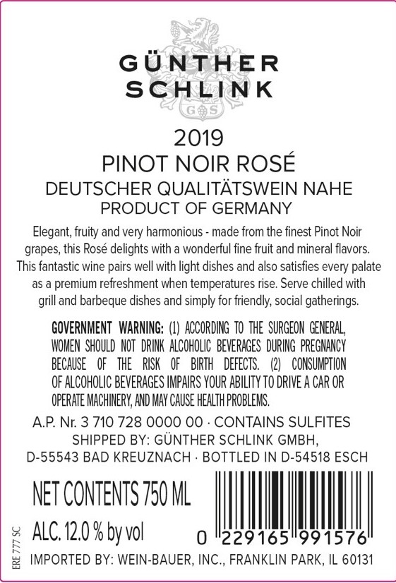 TABC label artwork for Gunther Schlink Pinot Noir Rose