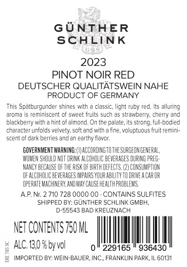 TABC label artwork for Gunther Schlink Pinot Noir
