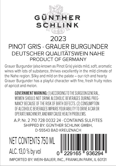 TABC label artwork for Gunther Schlink Pinot Gris