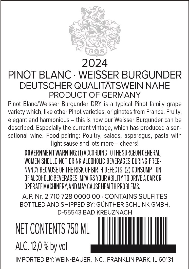 TABC label artwork for Gunther Schlink Pinot Blanc