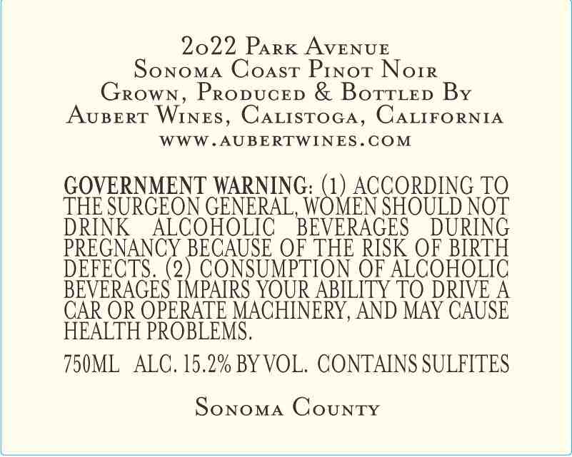 TABC label artwork for Aubert Park Avenue Pinot Noir Sonoma Coast