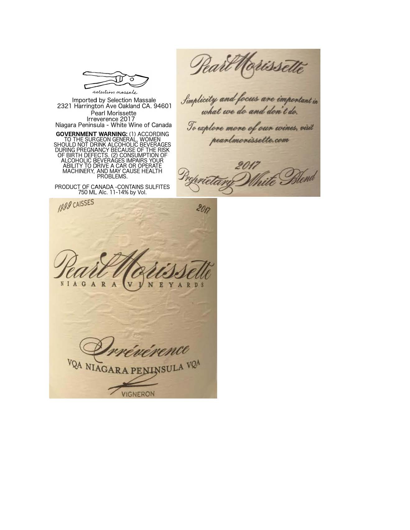 TABC label artwork for Pearl Morissette 2020 Irreverence Blanc