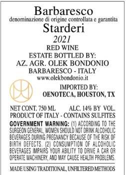 TABC label artwork for LA BERCHIALLA OLEK BONDONIO BARBARESCO STARDERI DOCG
