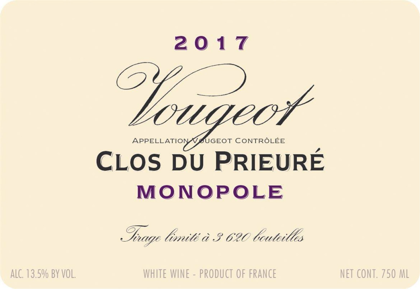 TABC label artwork for Domaine Vougeraie "Clos du Prieure"Blanc Monopole Vougeot