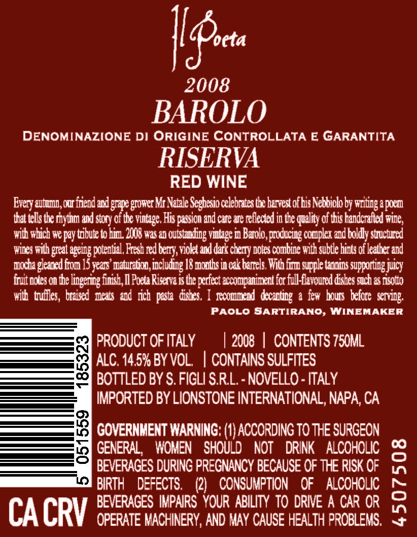 TABC label artwork for Il Poeta Riserva Barolo Red Wine, Italy