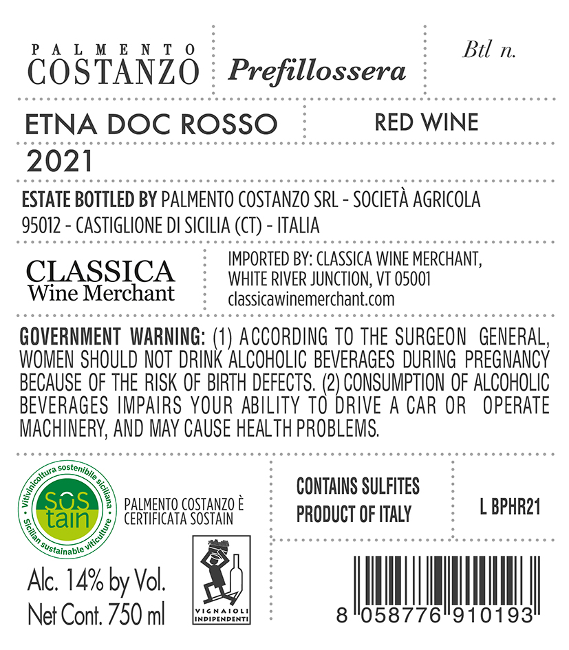 TABC label artwork for Palmento Costanzo Rosso Prefillossera