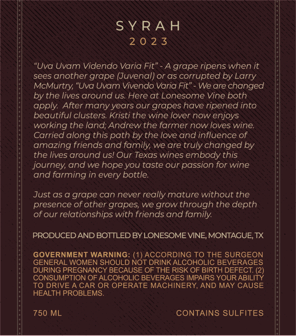 TABC label artwork for Lonesome Vine Syrah