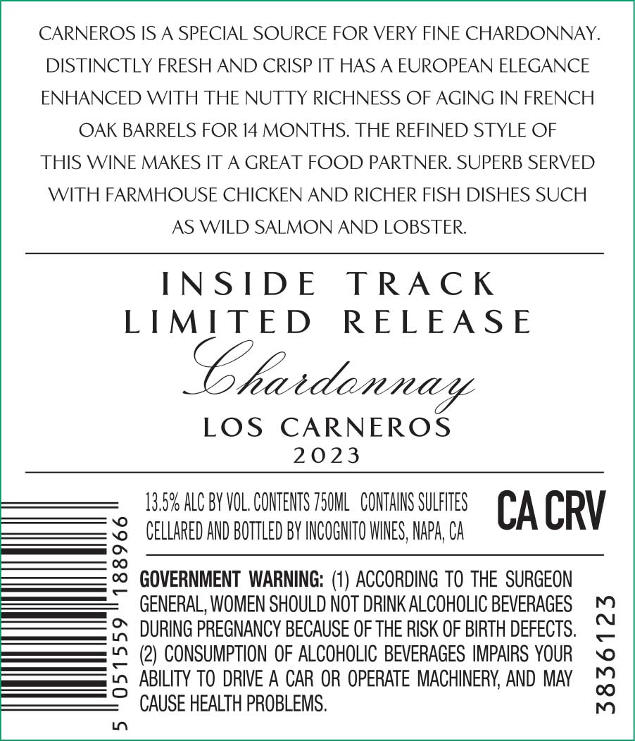 TABC label artwork for Inside Track Chardonnay, Limited Release, Los Carneros