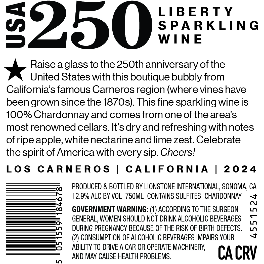 TABC label artwork for USA 250 Chardonnay, Sparkling Wine, Liberty, Los Carneros