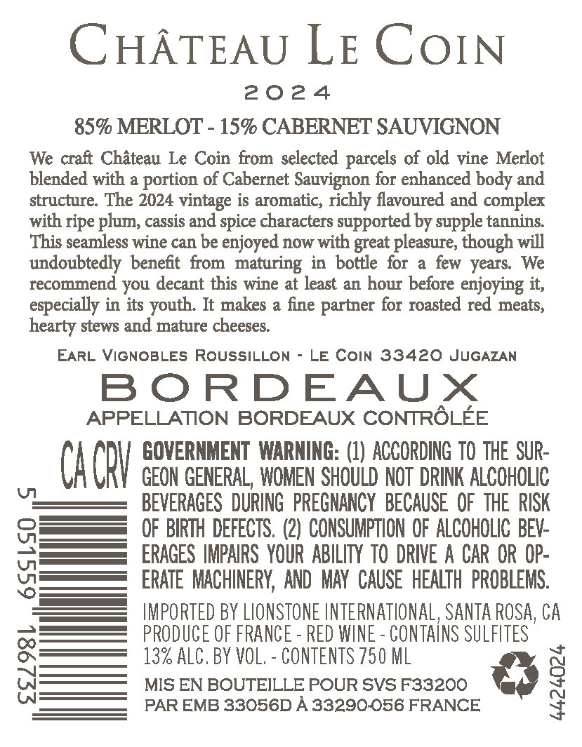 TABC label artwork for Chateau Le Coin Bordeaux Merlot, Cabernet Sauvignon, France