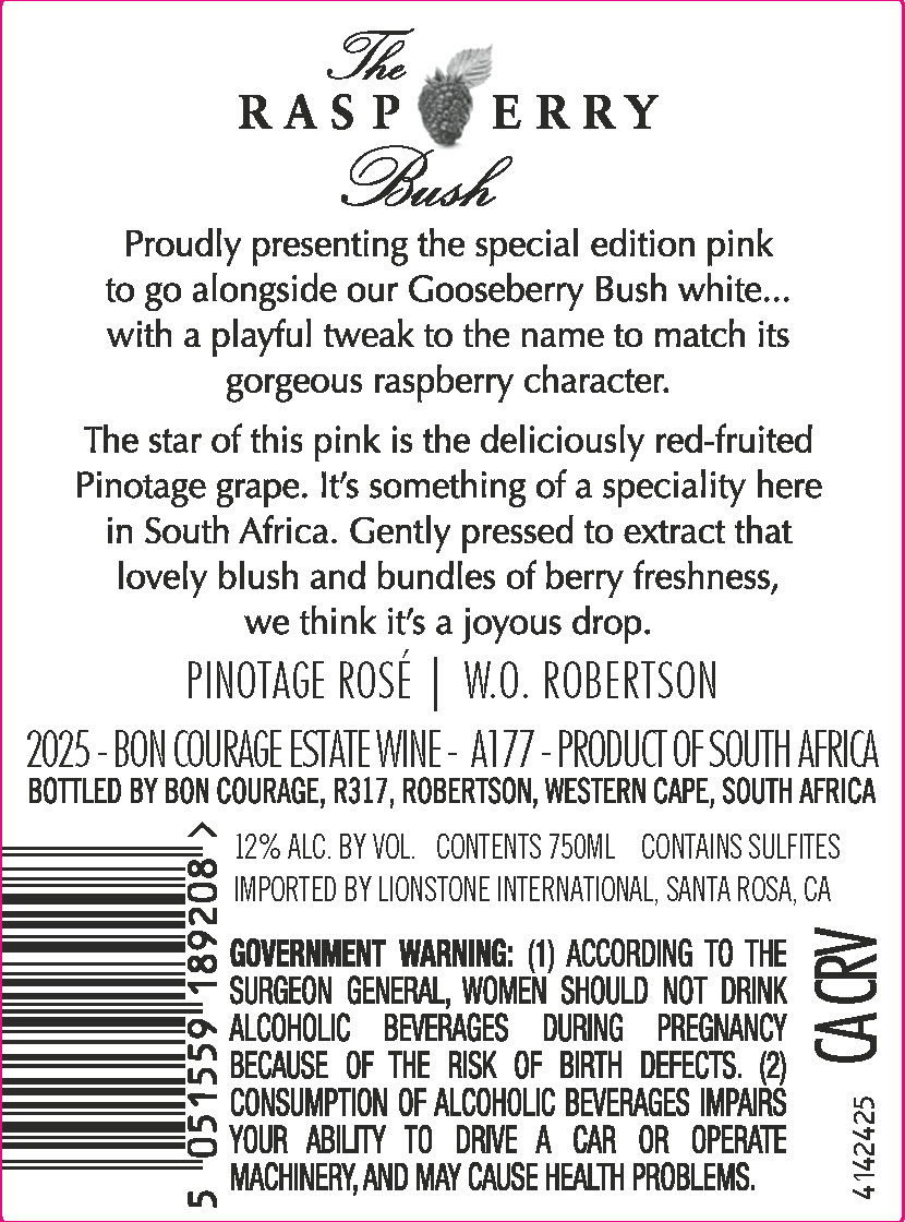 TABC label artwork for The Raspberry Bush Robertson Pinotage Rose, South Africa