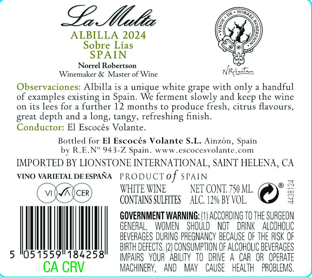 TABC label artwork for La Multa Sobre Lias Albilla White Wine, Spain