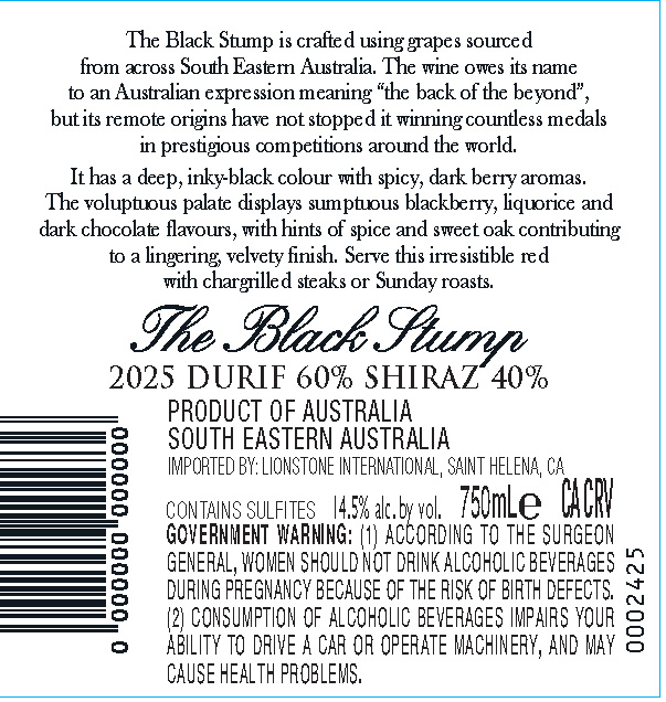 TABC label artwork for The Black Stump Durif, Shiraz South Eastern Australia