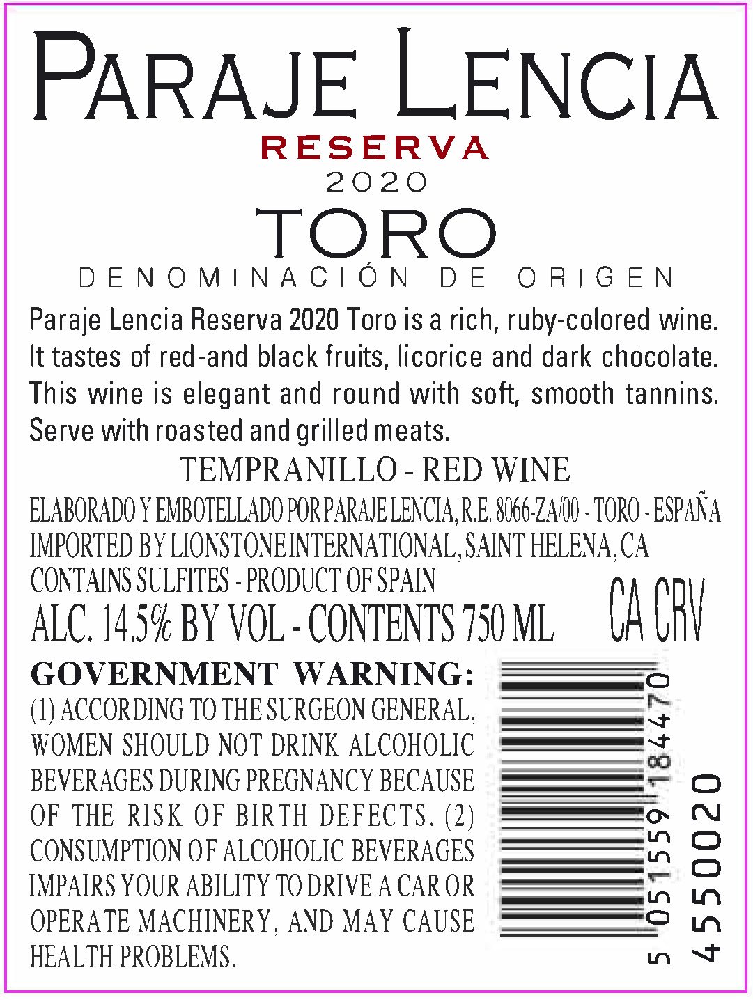 TABC label artwork for Paraje Lencia Reserva Toro Tempranillo, Spain