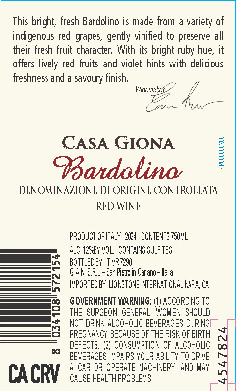 TABC label artwork for Casa Giona Bardolino Red Wine, Italy