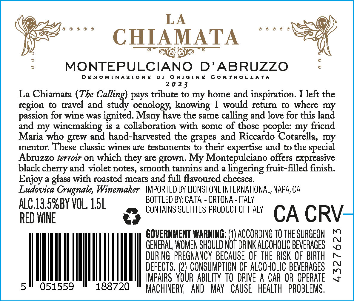 TABC label artwork for La Chiamata Montepulciano d'Abruzzo, Italy