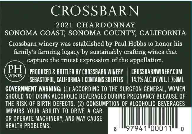 TABC label artwork for CrossBarn Chardonnay Sonoma Coast