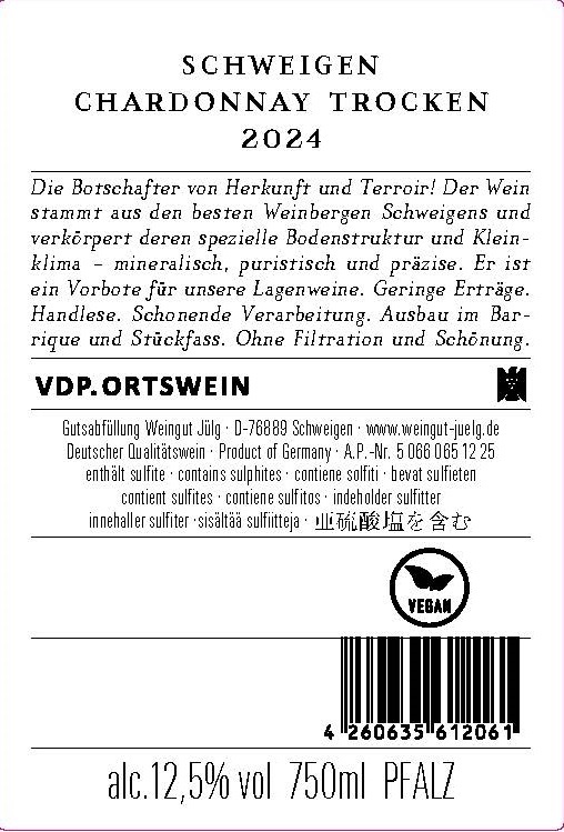 TABC label artwork for Julg Schweigen Chardonnay Pflaz