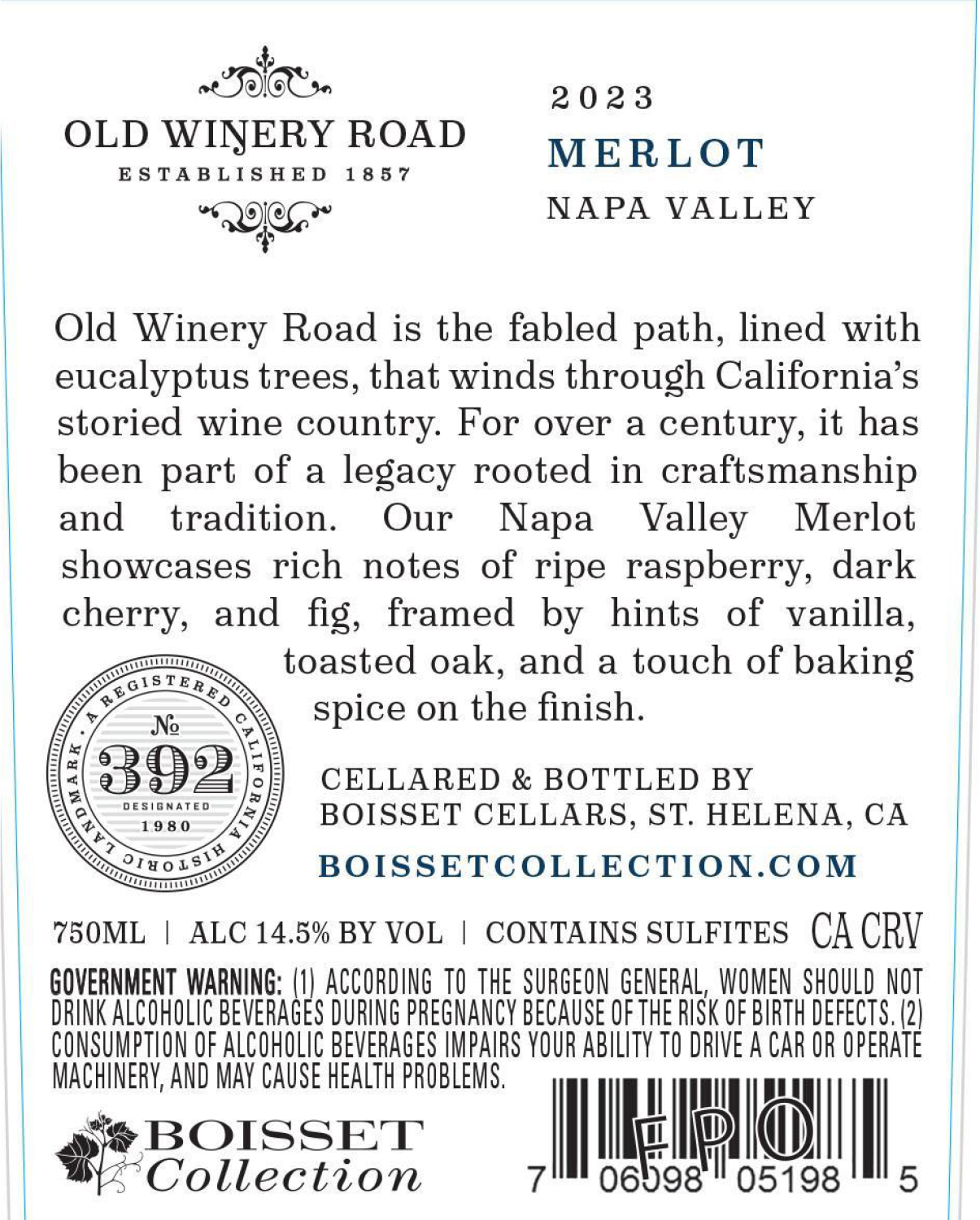 TABC label artwork for Old Winery Road Merlot Napa Valley