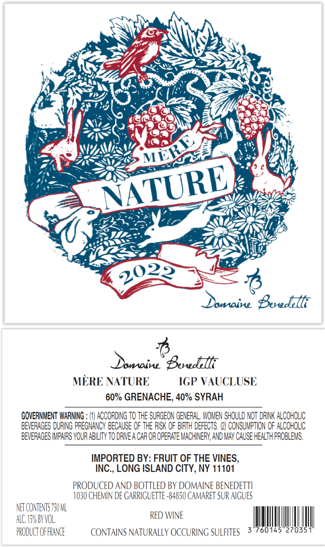 TABC label artwork for Domaine Benedetti