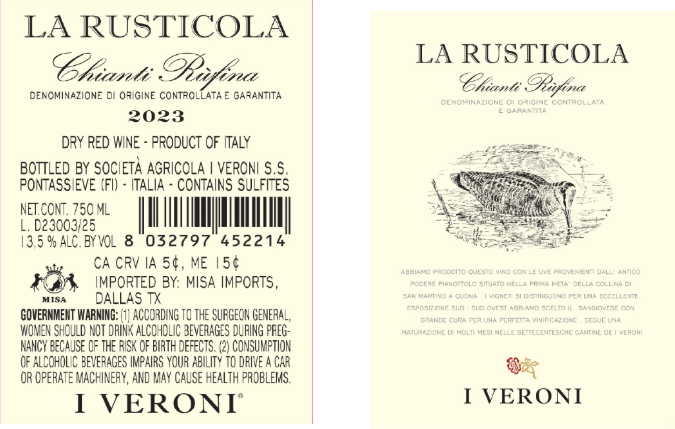 TABC label artwork for I VERONI LA RUSTICOLA