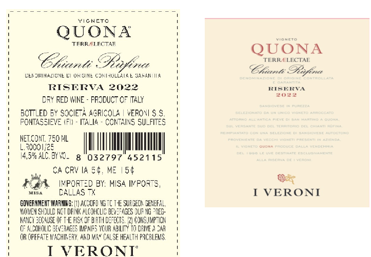 TABC label artwork for I VERONI QUONA RISERVA