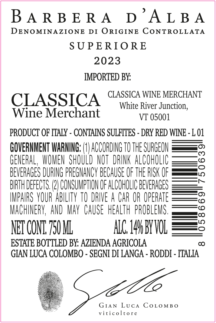 TABC label artwork for Gian Luca Colombo Barbera d'Alba