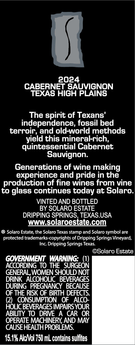 TABC label artwork for Solaro Estate Cabernet Sauvignon Texas High Plains
