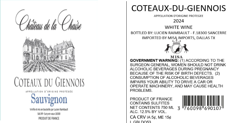 TABC label artwork for CHATEAU DE LA CHAISE SAUVIGNON