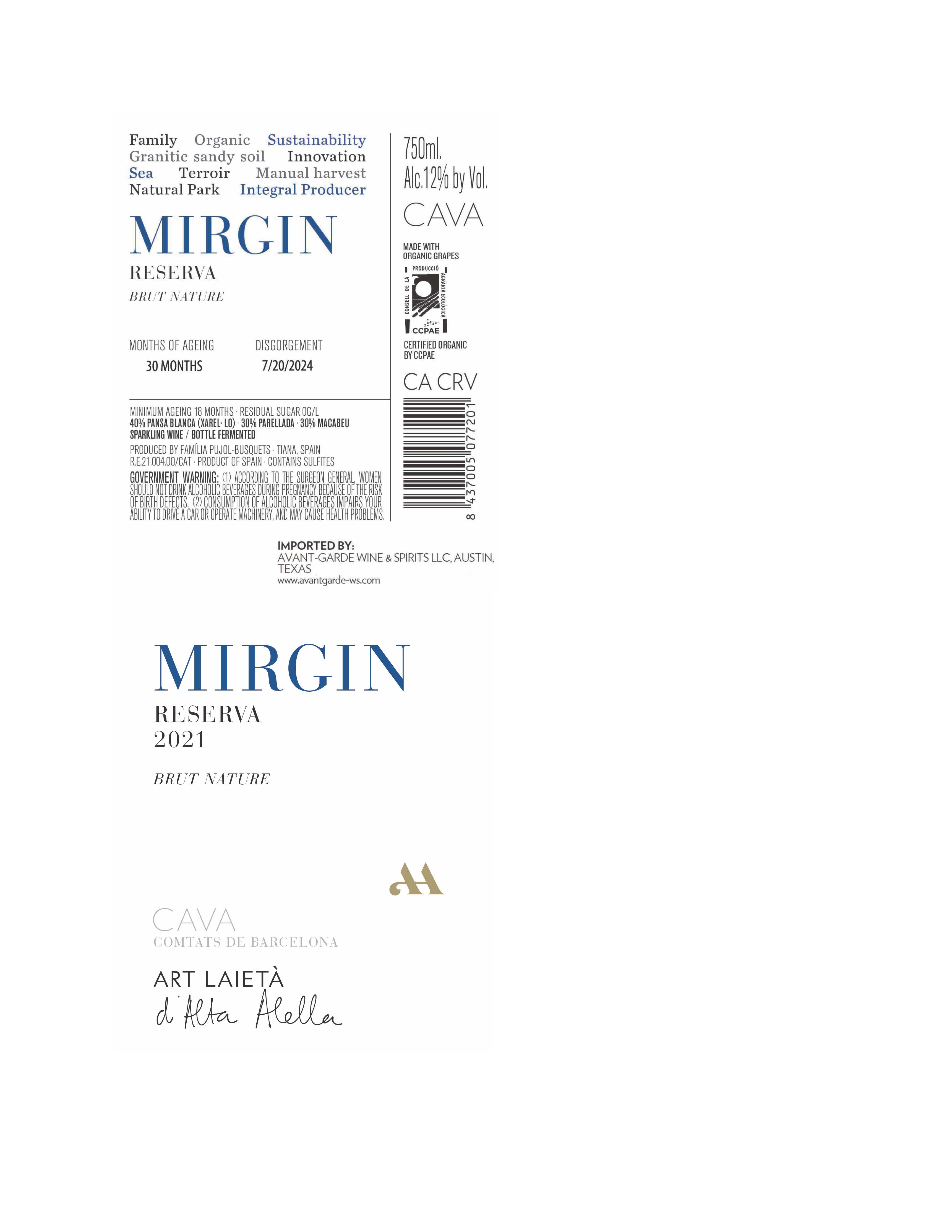 TABC label artwork for Alta Alella Mirgin Reserva Cava Brut Nature
