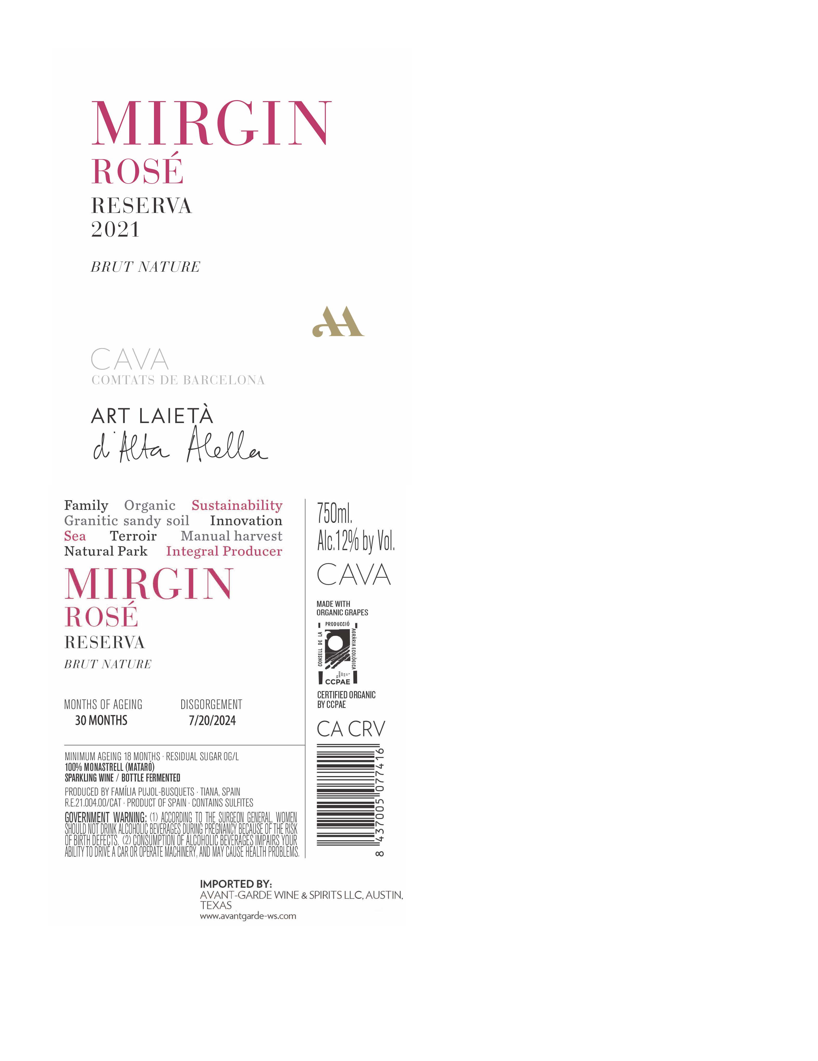 TABC label artwork for Alta Alella Mirgin Rose Reserva Cava Brut Nature
