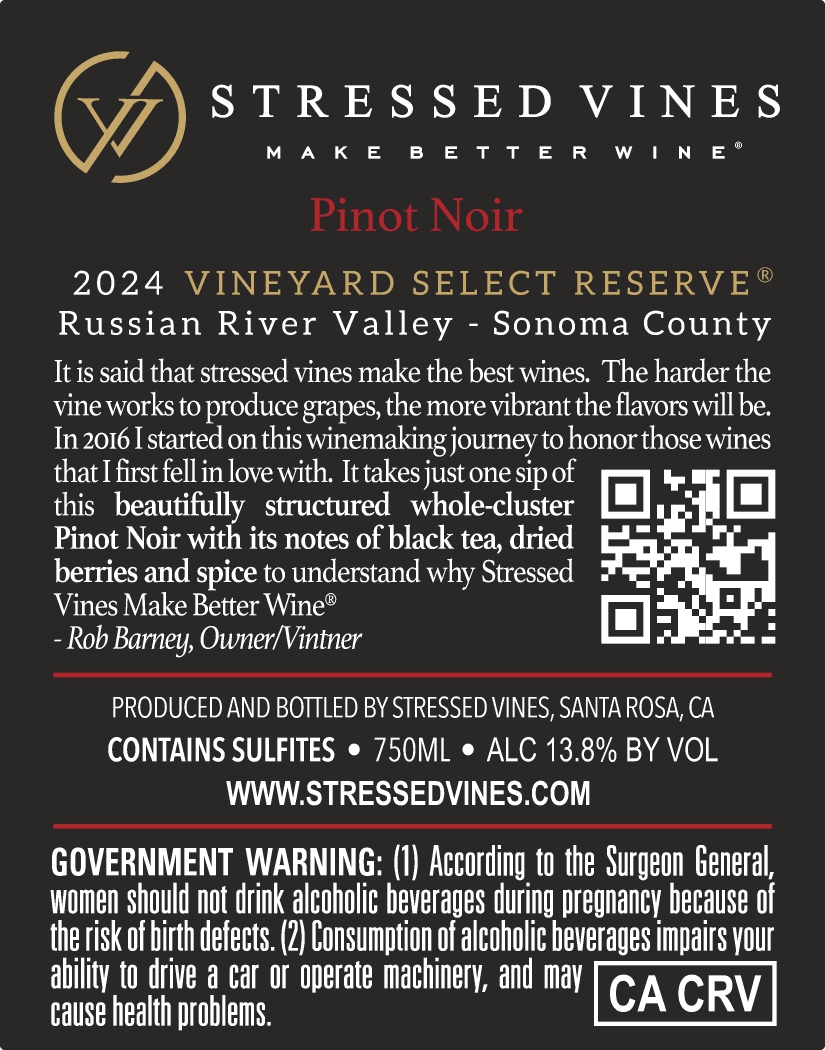 TABC label artwork for STRESSED VINES PINOT NOIR