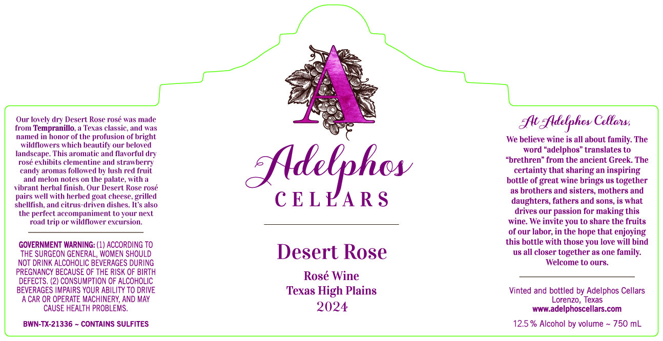 TABC label artwork for Adelphos Cellars-Desert Rose dry rose' wine