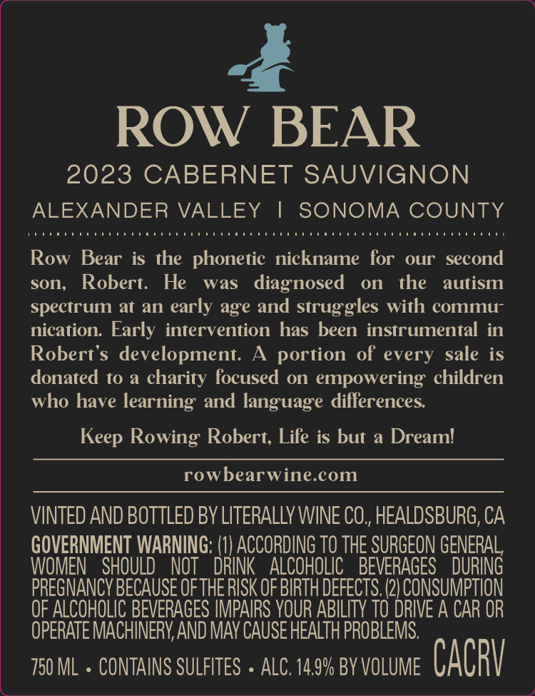 TABC label artwork for LITERALLY WINE CO ROW BEAR CABERNET SAUVIGNON