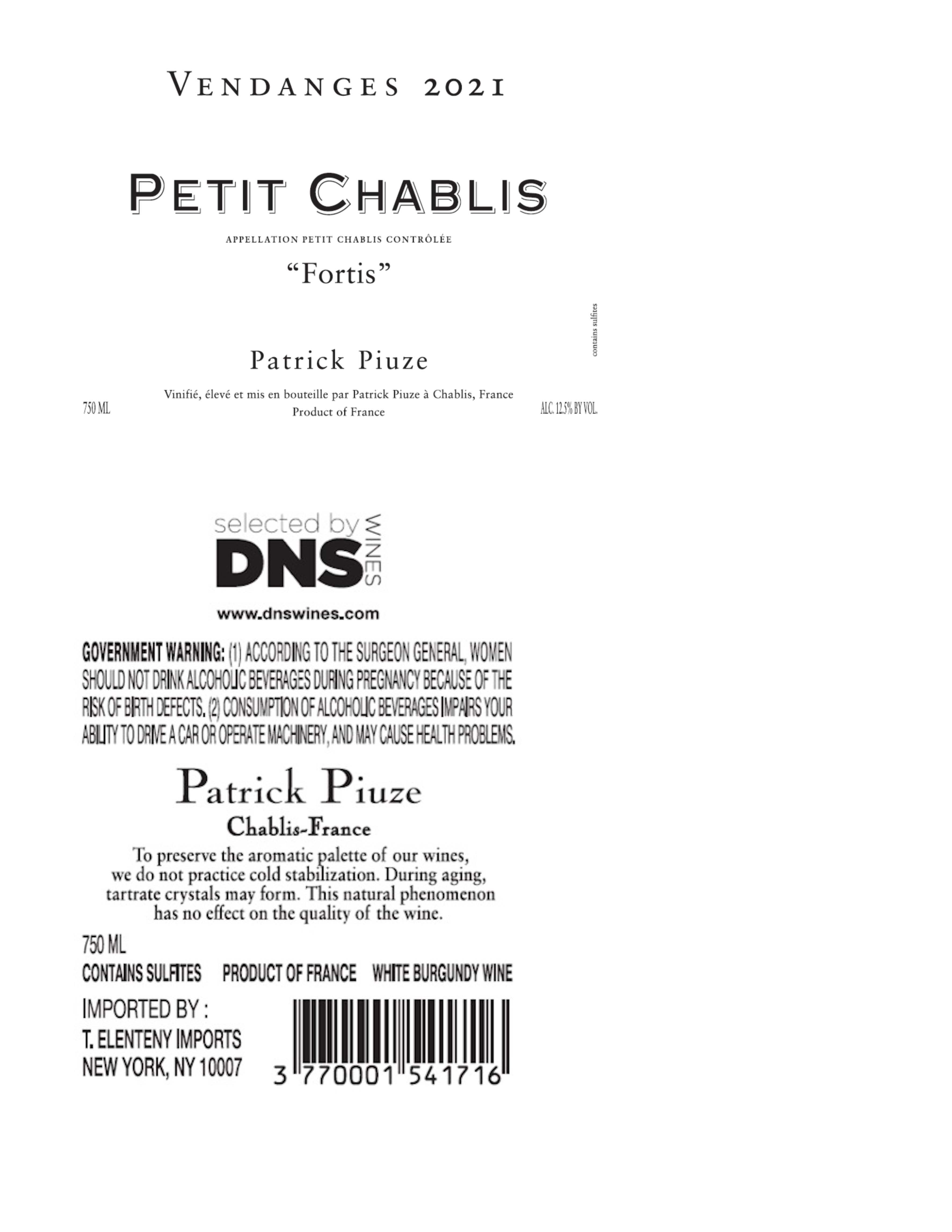 TABC label artwork for Patrick Piuze Petit Chablis Fortis