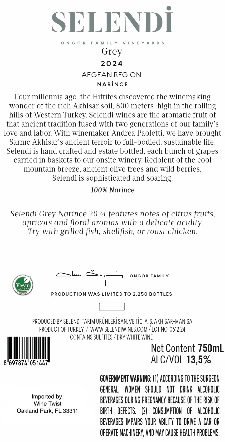 TABC label artwork for Selendi 2024 Grey Narince