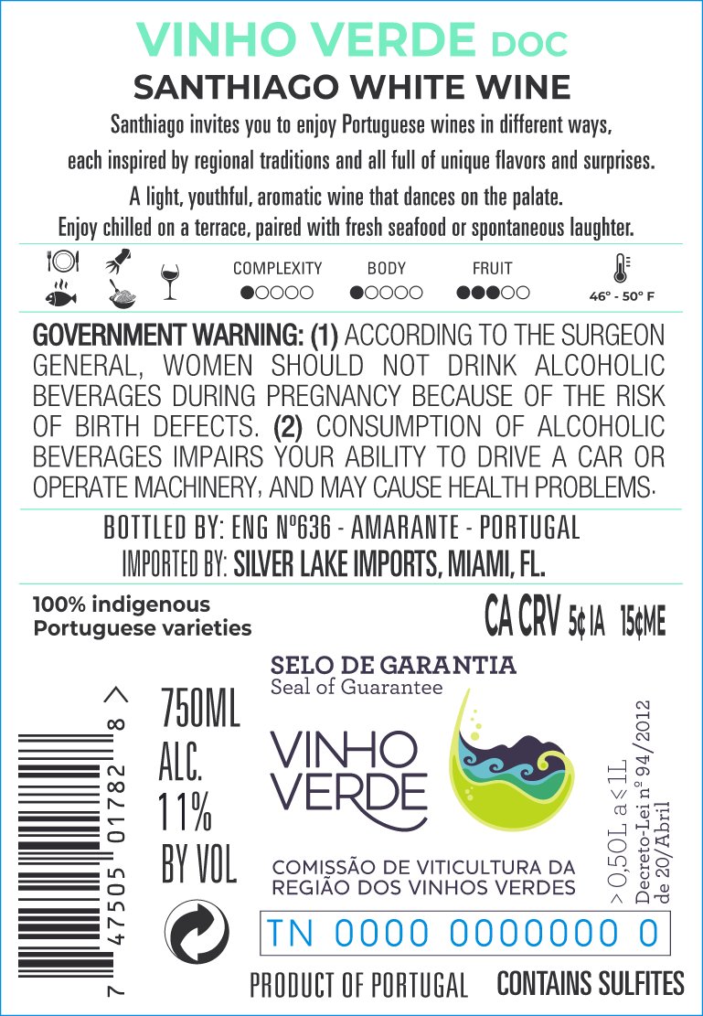 TABC label artwork for Santhiago Vinho Verde DOC White Wine