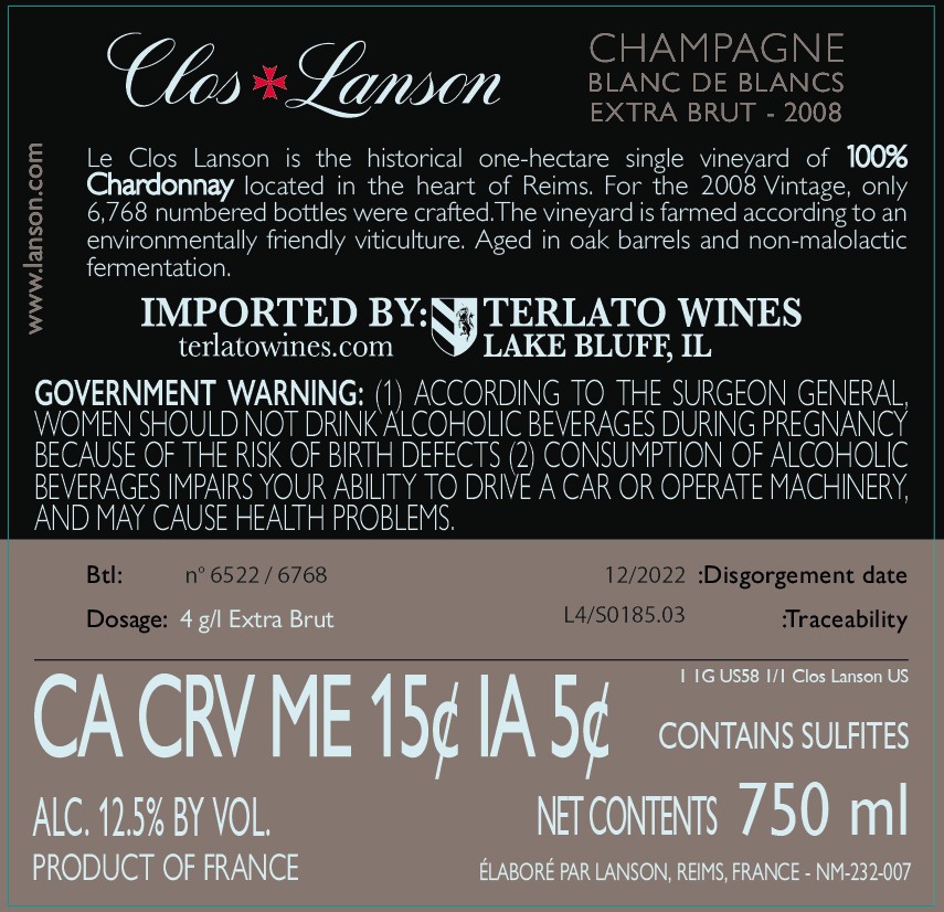 TABC label artwork for Lanson Clos Blanc De Blancs Extra Brut Champagne
