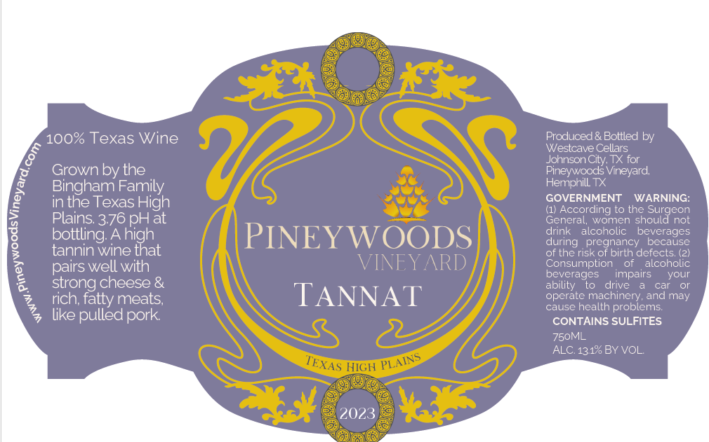TABC label artwork for Pineywoods Vineyard Tannat Texas High Plains