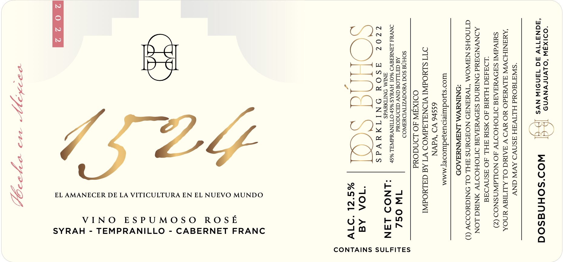 TABC label artwork for Dos Buhos 1524 Sparkling Espumoso
