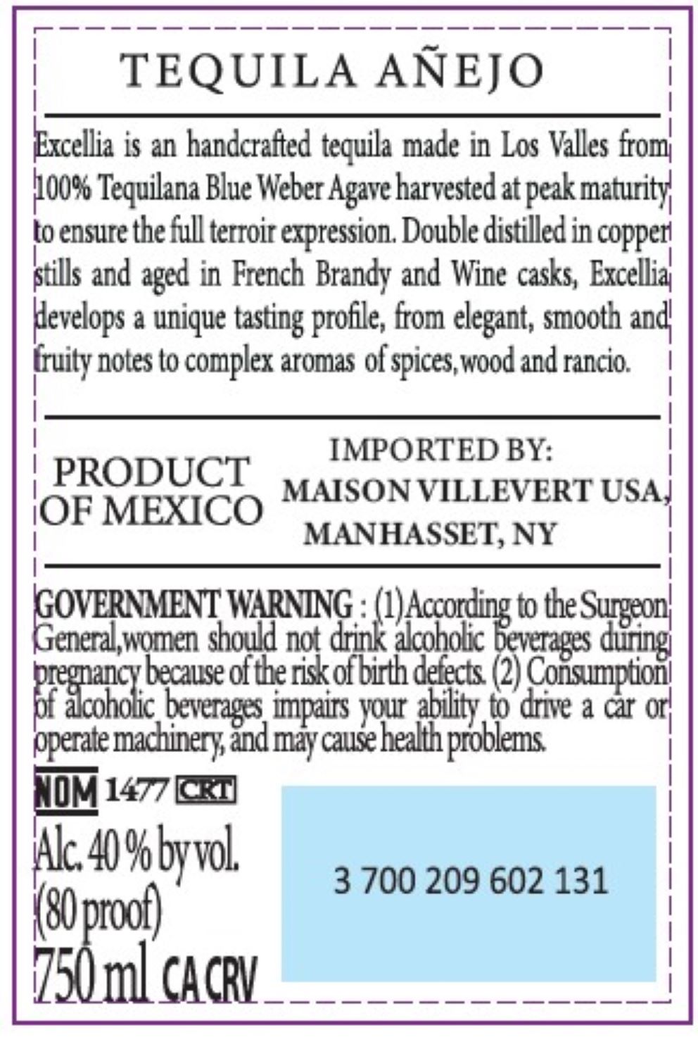TABC label artwork for Excellia Anejo