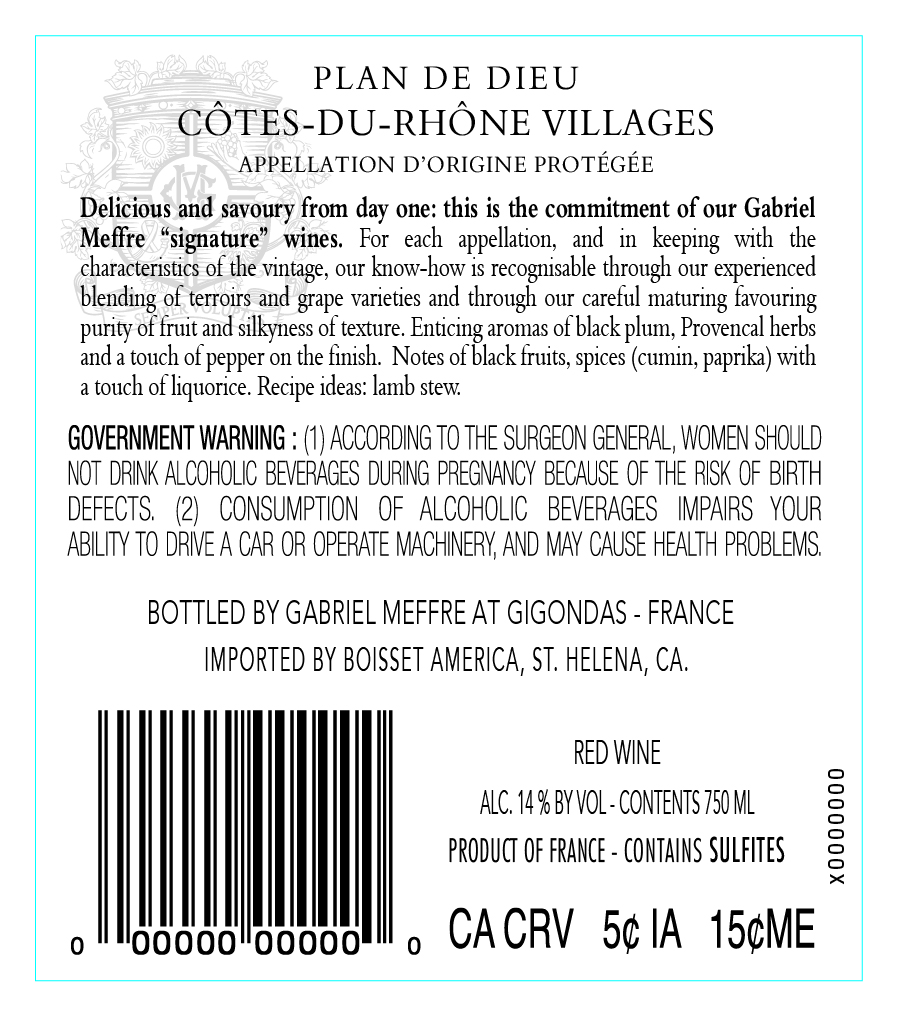 TABC label artwork for Gabriel Meffre 2023 Plan De Dieu Wine