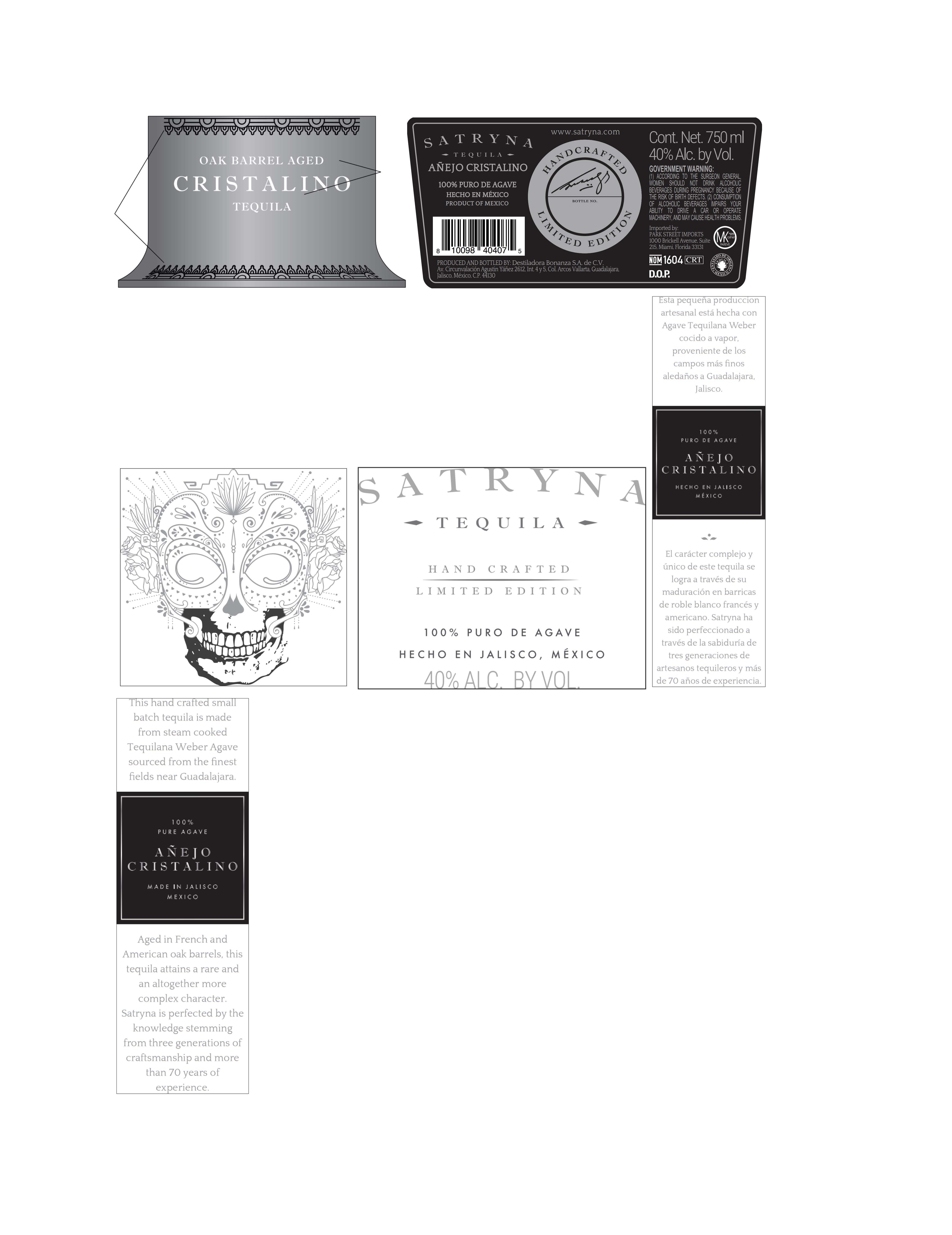 TABC label artwork for Satryna Anejo Cristalino Tequila